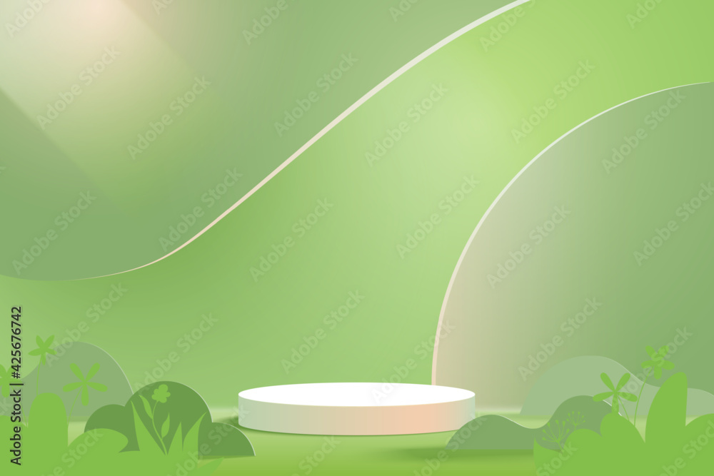 Poster 3d paper cut abstract minimal geometric shape template background.white cylinder podium on green nat