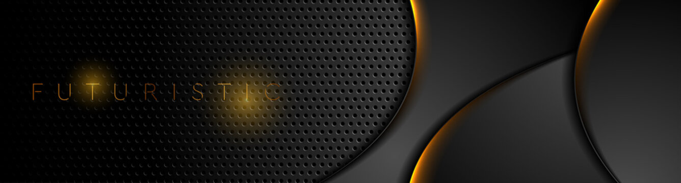 Futuristic technology abstract perforated background with orange neon glowing waves. Vector banner design