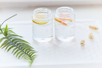 Homemade summer cocktail. Hard seltzer with grapefruit and lemon. Summer background. Top view, copy space