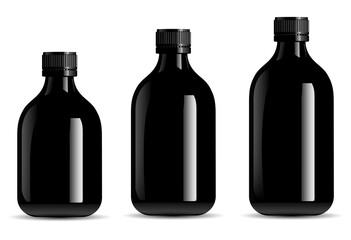 Black bottle mockup. Black glass syrup jar, tincture vial. Screw cap container for organic essential oil, realistic pharmacy suspension. Realistic juice liquid bottle