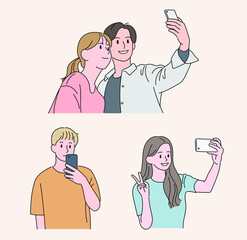 People taking pictures with their mobile phones. hand drawn style vector design illustrations. 