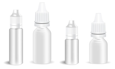 Eye drop bottle. E juice dropper, atomizer spray mockup. Nose allergy dispenser container template, vector packaging. Electronic vapour jar, oil product