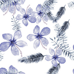 White Seamless Hibiscus. Indigo Pattern Painting. Navy Tropical Textile. Blue Flower Painting. Cobalt Drawing Exotic. Gray Watercolor Illustration. Spring Design.