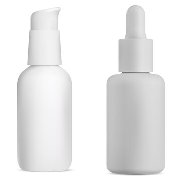 Airless pump bottle. Cosmetic serum can. White foam tube mockup, clear dispenser for glitter or makeup base. White plastic flacon for face care liquid, 3d box. Small moisturizer cream bottle