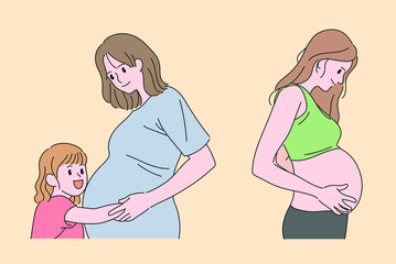 The pregnant woman is looking at her belly and smiling. The cute girl is also laughing. hand drawn style vector design illustrations. 