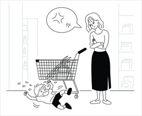 Angry mother with her child swarming by the shopping cart. hand drawn style vector design illustrations. 
