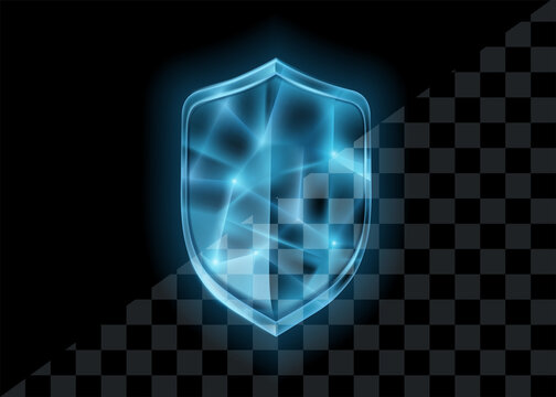 Realistic Crystal Ice Shield. Transparent frozen shield. Realistic protection sign. Blue security sign.