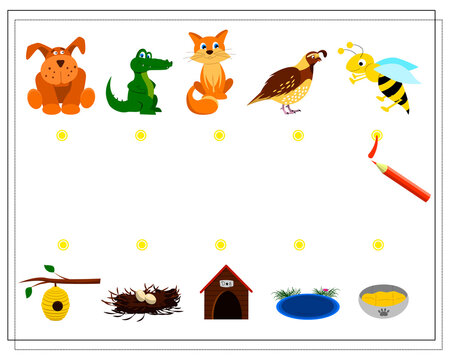 A puzzle game for children where is whose home. Guide the cartoon animals to their homes. Who lives where. Vector isolated on a white background