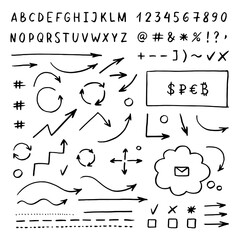 Set of handwritten signs. Vector isolated elements. Black letters, arrows, numbers on white background