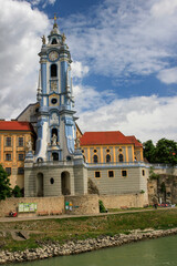 Fototapeta na wymiar blue church on Danube River in Austria 