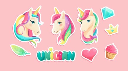 Cute unicorn stickers in flat style. Hand lettering text. Cartoon vector illustration.