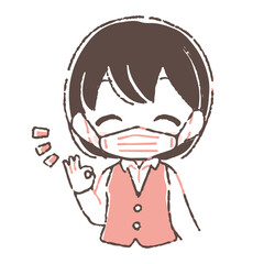 笑顔でOKサインするマスクを付けた受付の女性のイラスト