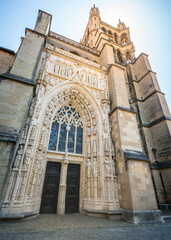 Fototapeta na wymiar Vertical wide angle view of the front of the Cathedral of Notre Dame of Lausanne an evangelical reformed church Lausanne Vaud Switzerland