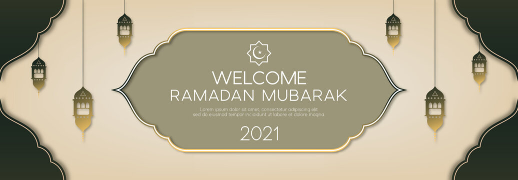 Beautiful Islamic Banner Design Template. Abstract Long Banner With Lantern For Welcome Ramadan Kareem 2021. Eps 10 Vector