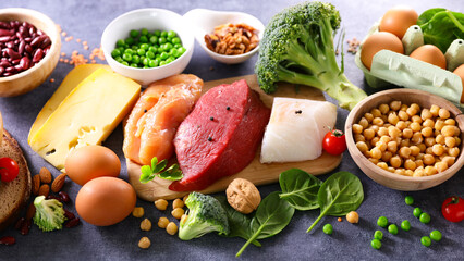 assorted of protein sources with meat, fish,  cereal and vegetable