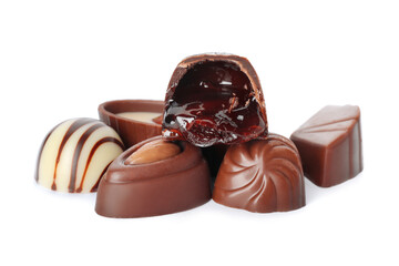 Tasty chocolate candies on white background