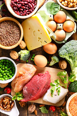 assorted of protein sources with meat, fish,  cereal and vegetable