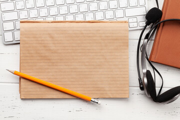 Office desk with headset and supplies