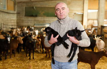 Positive farmer with goatlings on his hands. High quality photo