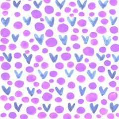 Abstract background with hearts stains and circles. Brush strokes watercolor, paint spots. Children, sketch, doodle, hand drawn