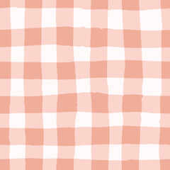 Checked pattern, gingham vector seamless repeat design background in peach and pink. Hand drawn textured lines.