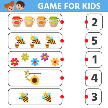 Educational math children game. Bee, honeycomb. How many Count from 1 to 5. Printable worksheet for kids brain teaser book. Vector illustration.