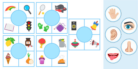Matching children educational game. Pazl. Match of sense organs and objects. Activity for preschool years kids and toddlers. Vector illustration