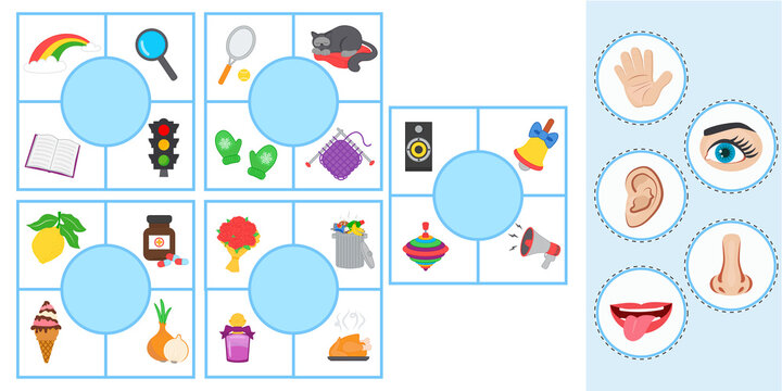 Matching children educational game. Pazl. Match of sense organs and objects. Activity for preschool years kids and toddlers. Vector illustration