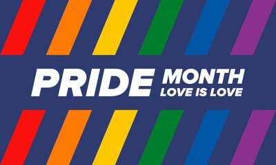 Fototapeta premium LGBTQIA Pride Month in June. Lesbian Gay Bisexual Transgender. Celebrated annual. LGBT flag. Rainbow love concept. Human rights and tolerance. Poster, card, banner and background. Vector illustration