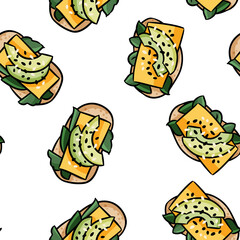 Breakfast toasts doodles seamless border pattern. Cute cartoon tasty tapas with avocado repeatable background tile. Cozy template of illustration for wrapping design, wallpaper