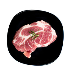 sliced raw pork meat an isolated on white background. top view
