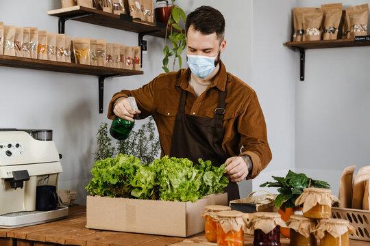 Happy Mid Aged Farmer Man Wearing Protective Mdeical Mask