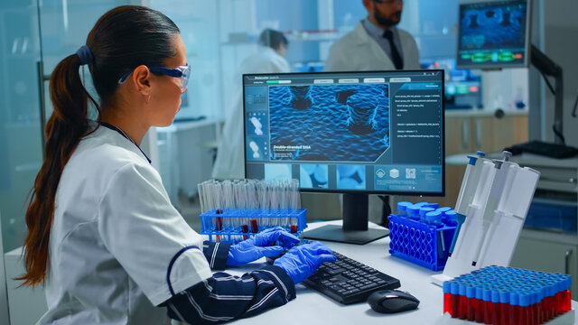 Woman technologist doing a laboratory test examining a flask with blood sample, chemist holding tube with liquids inside. Scientist working with various bacteria tissue and DNA scan image on computer