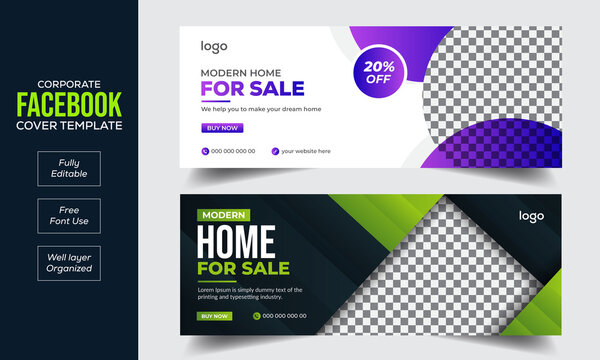 Real estate Facebook cover banner template design, Set of modern abstract flat corporate real estate construction Facebook cover, banner, social media post, timeline cover, web banner, template design