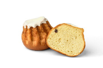 Sweet Rum Baba cake with powdered sugar glaze isolated on white background.