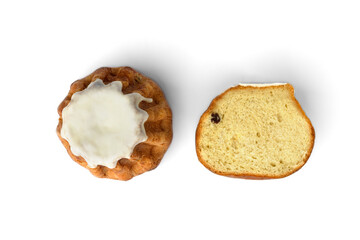 Sweet Rum Baba cake with powdered sugar glaze isolated on white background.