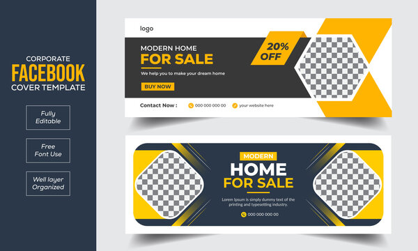 Real estate Facebook cover banner template design, Set of modern abstract flat corporate real estate construction Facebook cover, banner, social media post, timeline cover, web banner, template design
