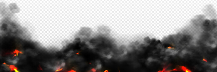 Realistic smoke with fire glow or sparks border. Burning flame, campfire, blaze effect frame, glowing red shining flare with black steam, 3d vector illustration isolated on transparent background © klyaksun