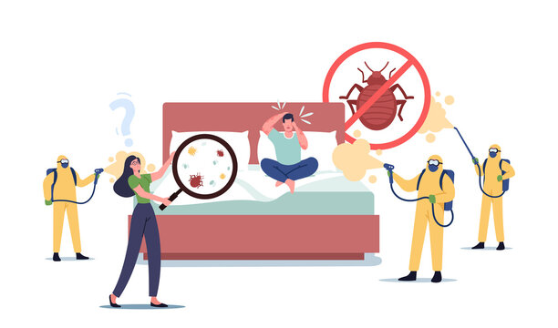 Characters Suffer of Bed Bugs, Call to Professional Pest Control Service. Exterminators in Suits Spraying Toxic Liquid