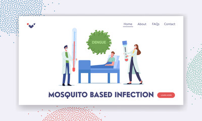 Mosquito Based Infection Landing Page Template. Patient Character with Dengue Fever Lying in Clinic Applying Treatment