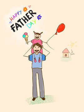Happy father's day. Dad holding his son and daughter. Illustration