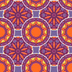 Seamless pattern with ornamented multicolored circles on a violet background. Vector illustration