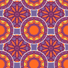 Seamless pattern with ornamented multicolored circles on a violet background. Vector illustration