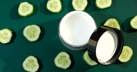 Obraz na płótnie Canvas Cucumber cream face, skin and body care hygiene moisture lotion wellness therapy mask in glass jar