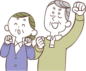 左向きで喜ぶシニアの夫婦の上半身
