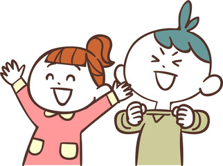 左向きで喜ぶ男の子と女の子
