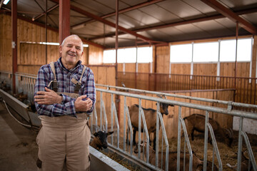 Portrait of senior farm worker with arms crossed standing in farmhouse. In background domestic animals eating. Organic food and meat production.