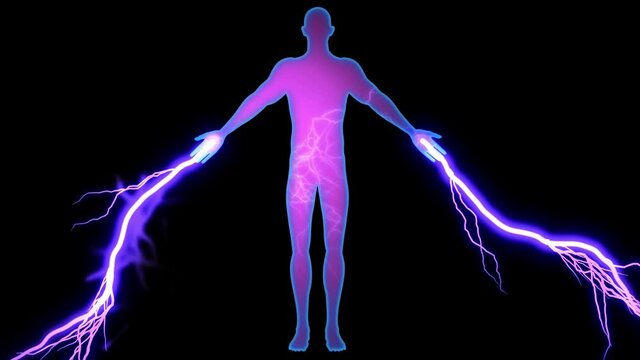 Human body , man with electricy flowing inside. Lightning bolts from hands .  3d animation render