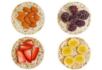 cereal oats food breakfast crisp breads with strawberry, almonds nuts, banana fruit and blackberry  top view flat lay isolated on white background