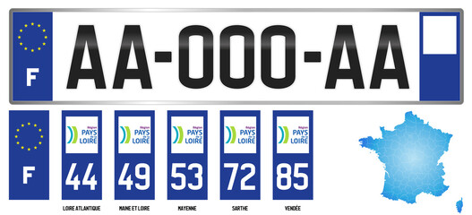 Pais de la Loire, France, french regional license plate template, detail of the side label of the department, vector illustration, example of numbering